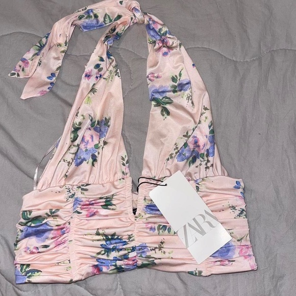 NWT Zara silky floral crop halter corset top S - Picture 2 of 11